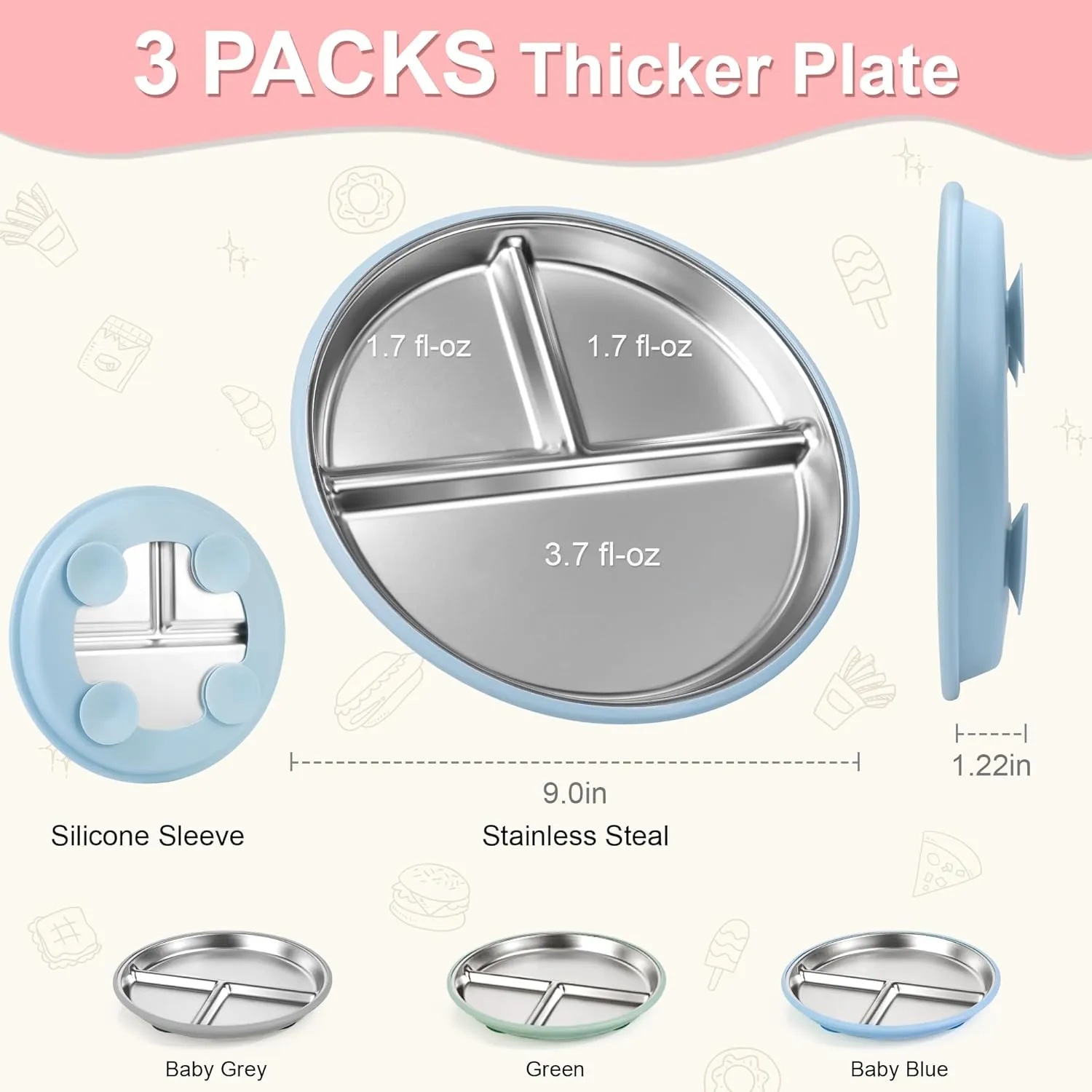 Bella's Friends Stainless Steel Kids Plates Suction Plate for Baby,3 Packs Non-Toxic Divided Toddler Plates,Food-Grade Silicone Plate for Baby,Dishwasher Safe,Blue Mint Green Grey