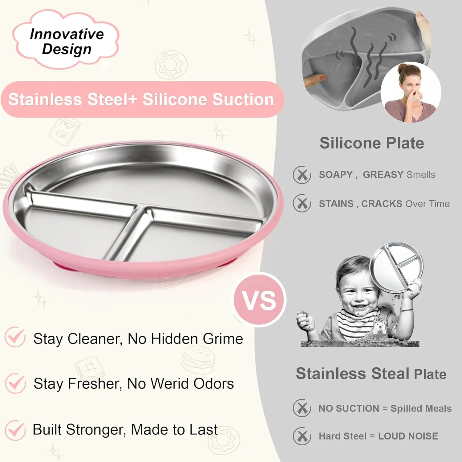 Bella's Friends Stainless Steel Kids Plates Suction Plate for Baby,3 Packs Non-Toxic Divided Toddler Plates,Food-Grade Silicone Plate for Baby,Dishwasher Safe,Blue Mint Green Grey