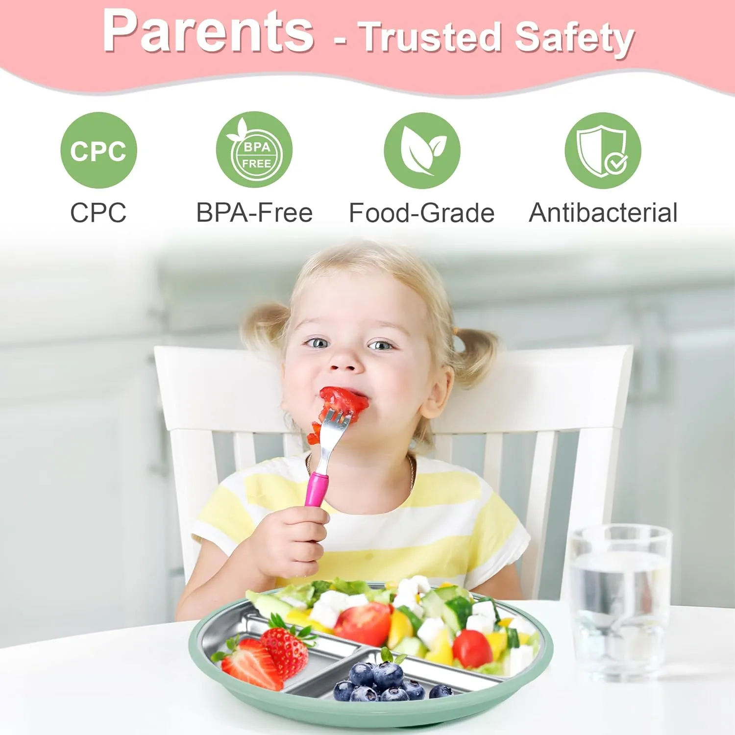 Bella's Friends Stainless Steel Kids Plates Suction Plate for Baby,3 Packs Non-Toxic Divided Toddler Plates,Food-Grade Silicone Plate for Baby,Dishwasher Safe,Green Blue Pink
