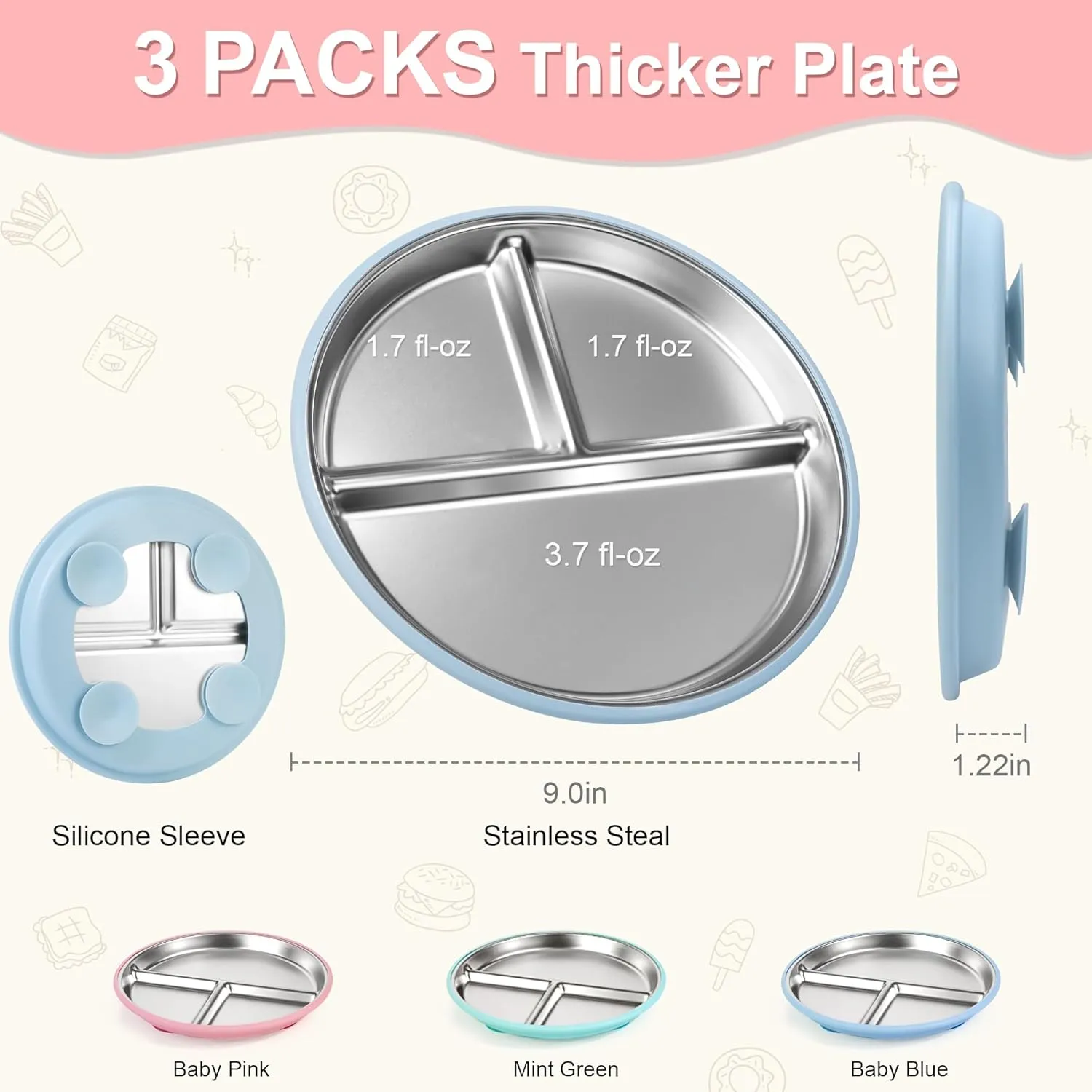 Bella's Friends Stainless Steel Kids Plates Suction Plate for Baby,3 Packs Non-Toxic Divided Toddler Plates,Food-Grade Silicone Plate for Baby,Dishwasher Safe,Green Blue Pink