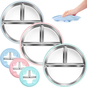 Bella's Friends Stainless Steel Kids Plates Suction Plate for Baby,3 Packs Non-Toxic Divided Toddler Plates,Food-Grade Silicone Plate for Baby,Dishwasher Safe,Green Blue Pink