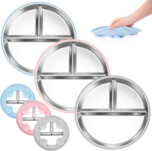 Bella's Friends Stainless Steel Toddler Plates Silicone Suction,3 Packs Non-Slip Kids Plates,Divided Portion,Food-Grade Silicone Plate for Baby,LEAD-FREE Dishwasher Safe,Grey Mint Green Pink