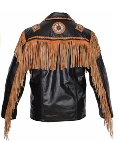 Black Leather Native Beaded Fringe Jacket for Cowboy Mens NSJ305