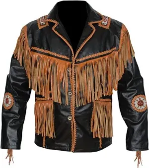 Black Leather Native Beaded Fringe Jacket for Cowboy Mens NSJ305