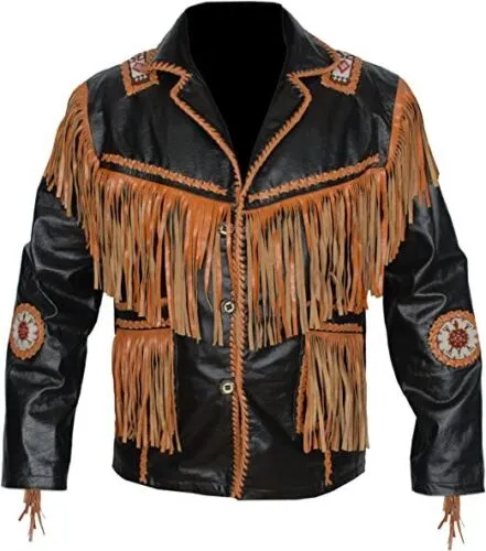 Black Leather Native Beaded Fringe Jacket for Cowboy Mens NSJ305