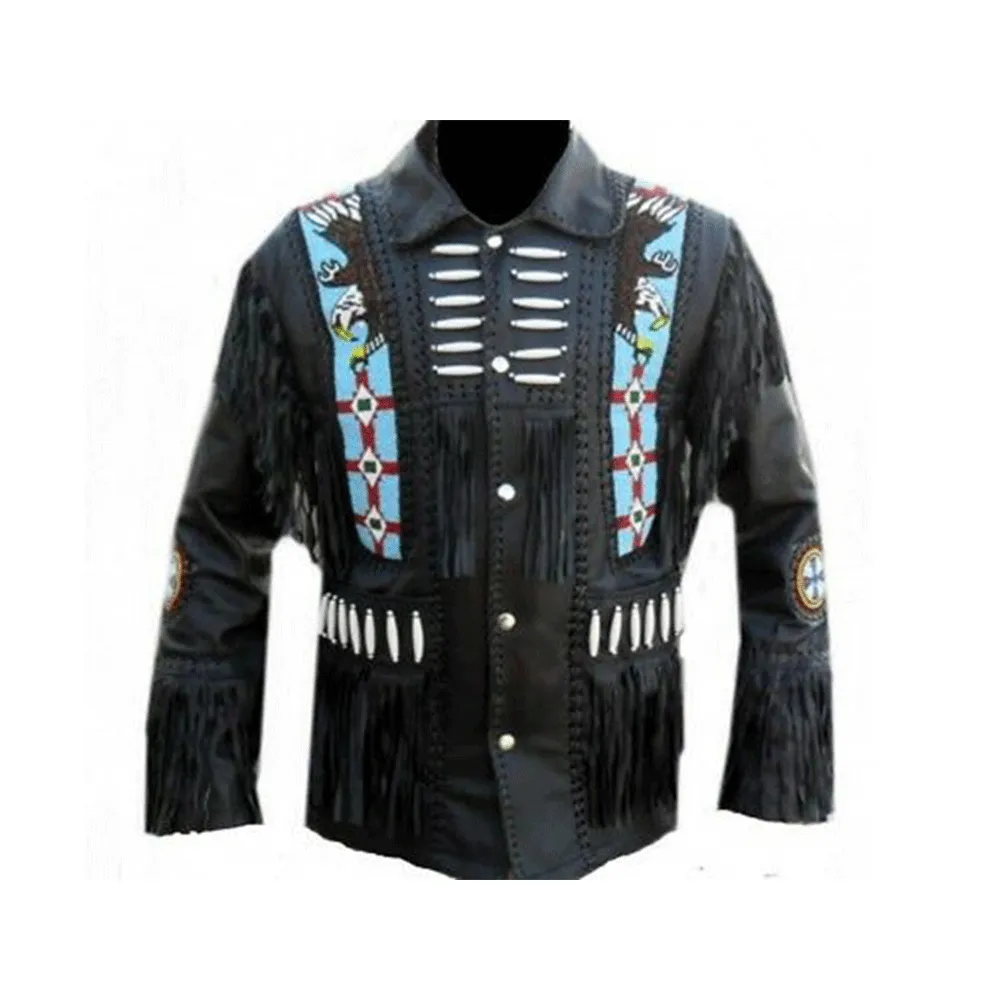 Black Leather Native Eagle Beaded Fringe Jacket for Cowboy Mens NSJ303