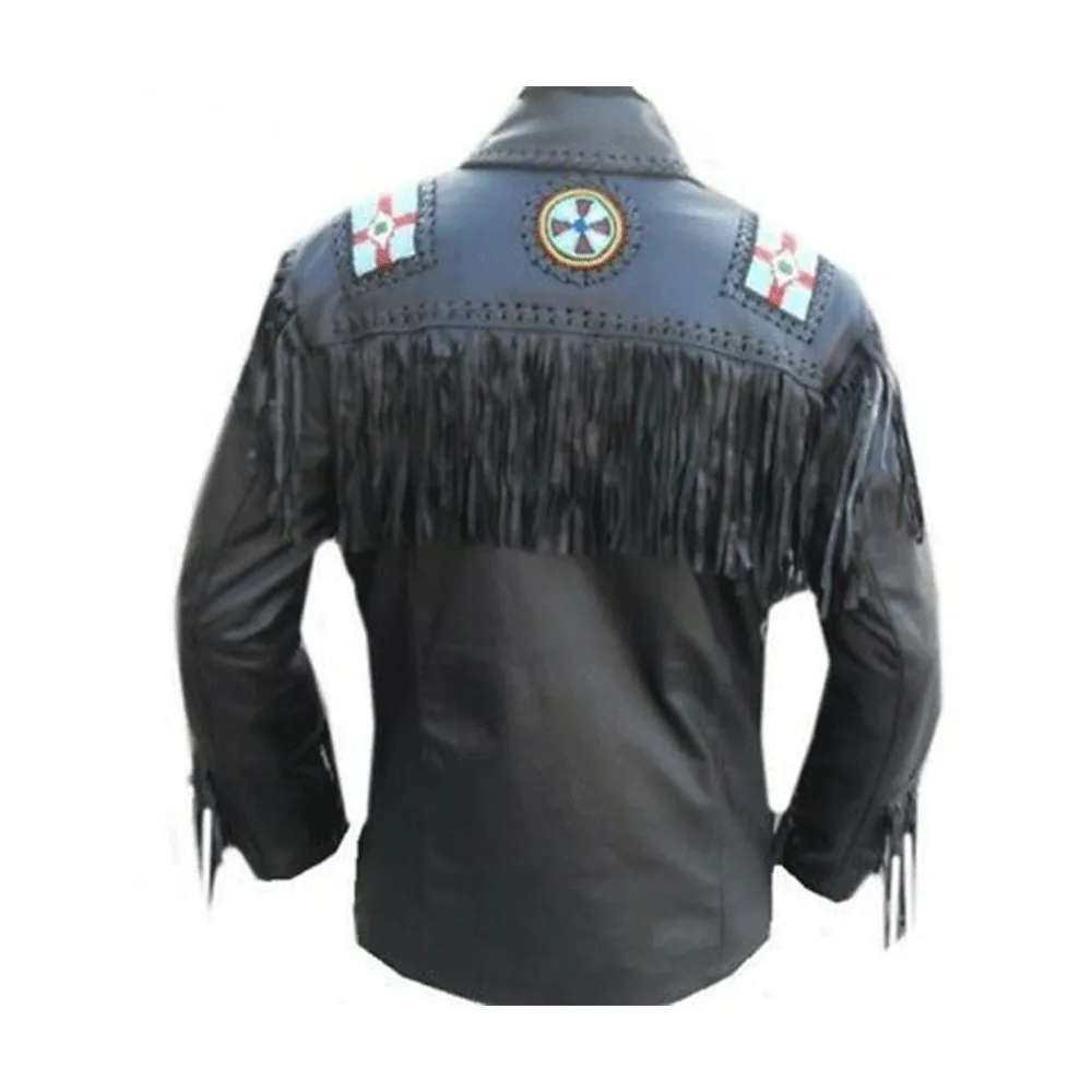 Black Leather Native Eagle Beaded Fringe Jacket for Cowboy Mens NSJ303