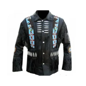 Black Leather Native Eagle Beaded Fringe Jacket for Cowboy Mens NSJ303