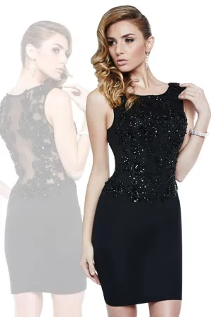 Black Sheer-Back Cocktail Dress – Beaded Lace Appliqué - prom dress