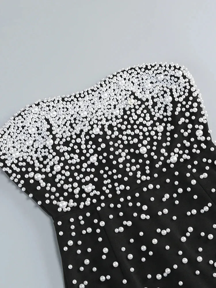 Black Strapless Pearls Beaded Embellished Maxi Dress