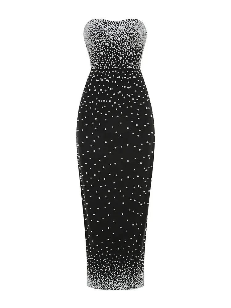 Black Strapless Pearls Beaded Embellished Maxi Dress