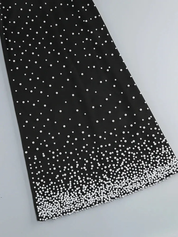 Black Strapless Pearls Beaded Embellished Maxi Dress