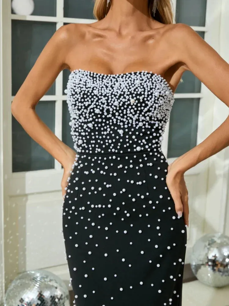 Black Strapless Pearls Beaded Embellished Maxi Dress