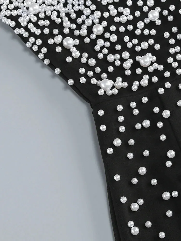 Black Strapless Pearls Beaded Embellished Maxi Dress