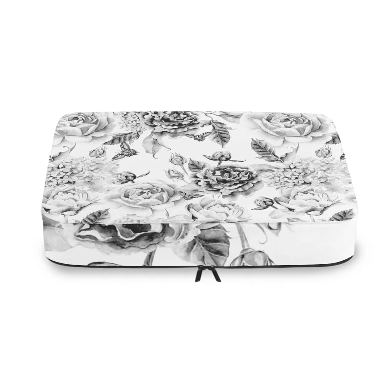 Black White Flowers with Leaves, Hydrangeas, Peonies, Buds and Petals 4 Set Packing Cubes, Travel Packing Organizers, 600D Oxford Cloth Toiletry Storage Bag, Luggage Mesh Bags for Accessories