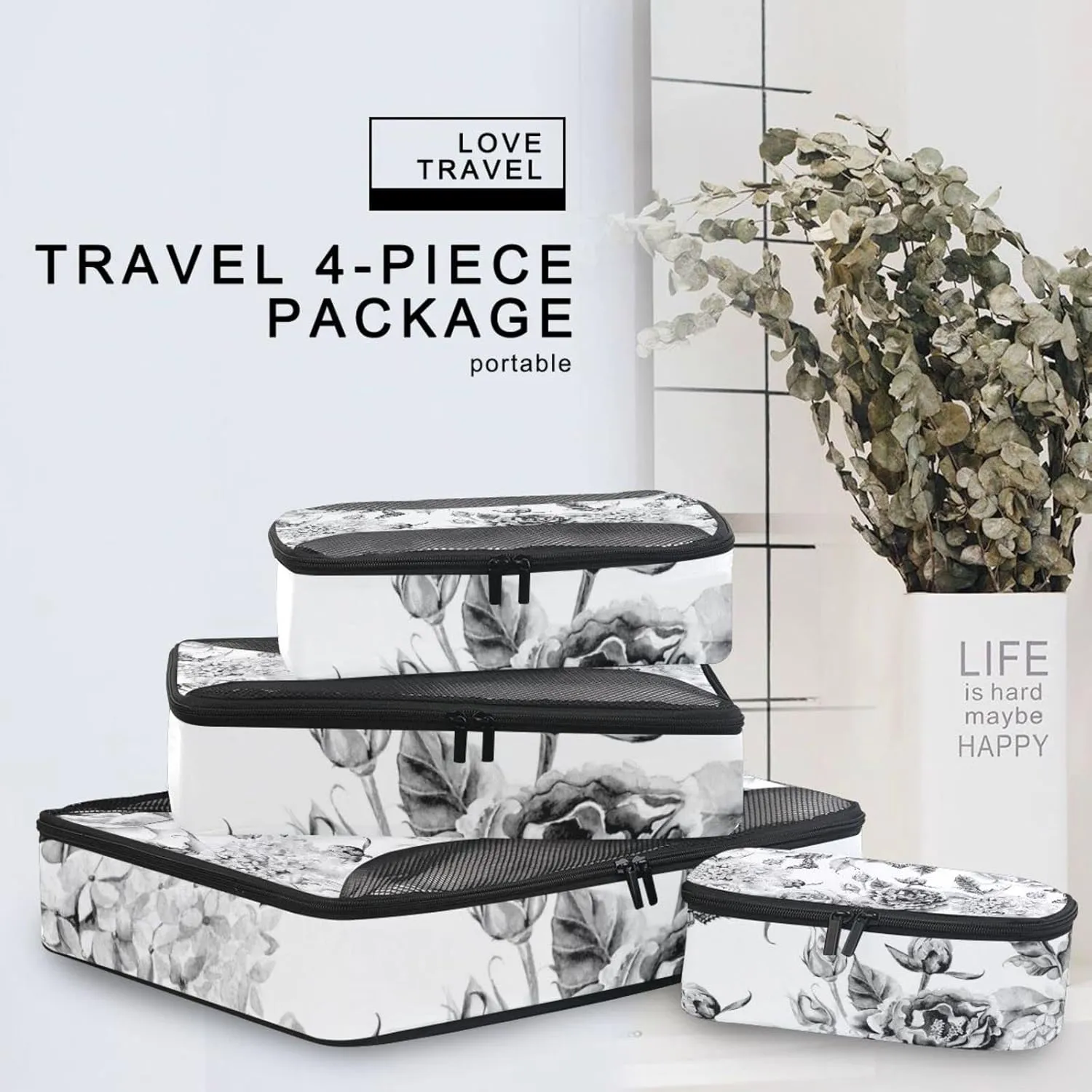 Black White Flowers with Leaves, Hydrangeas, Peonies, Buds and Petals 4 Set Packing Cubes, Travel Packing Organizers, 600D Oxford Cloth Toiletry Storage Bag, Luggage Mesh Bags for Accessories