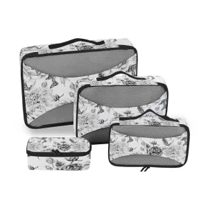 Black White Flowers with Leaves, Hydrangeas, Peonies, Buds and Petals 4 Set Packing Cubes, Travel Packing Organizers, 600D Oxford Cloth Toiletry Storage Bag, Luggage Mesh Bags for Accessories