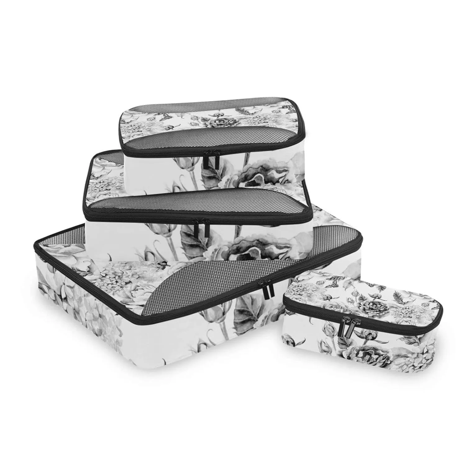 Black White Flowers with Leaves, Hydrangeas, Peonies, Buds and Petals 4 Set Packing Cubes, Travel Packing Organizers, 600D Oxford Cloth Toiletry Storage Bag, Luggage Mesh Bags for Accessories