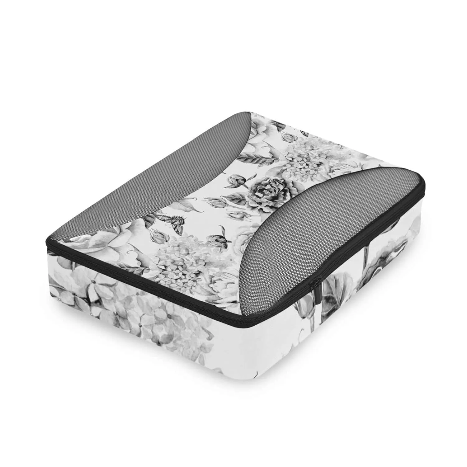 Black White Flowers with Leaves, Hydrangeas, Peonies, Buds and Petals 4 Set Packing Cubes, Travel Packing Organizers, 600D Oxford Cloth Toiletry Storage Bag, Luggage Mesh Bags for Accessories
