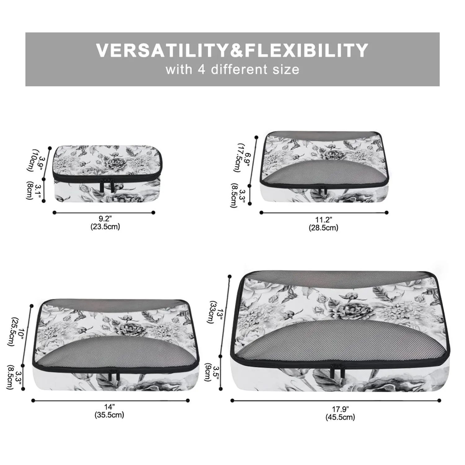 Black White Flowers with Leaves, Hydrangeas, Peonies, Buds and Petals 4 Set Packing Cubes, Travel Packing Organizers, 600D Oxford Cloth Toiletry Storage Bag, Luggage Mesh Bags for Accessories