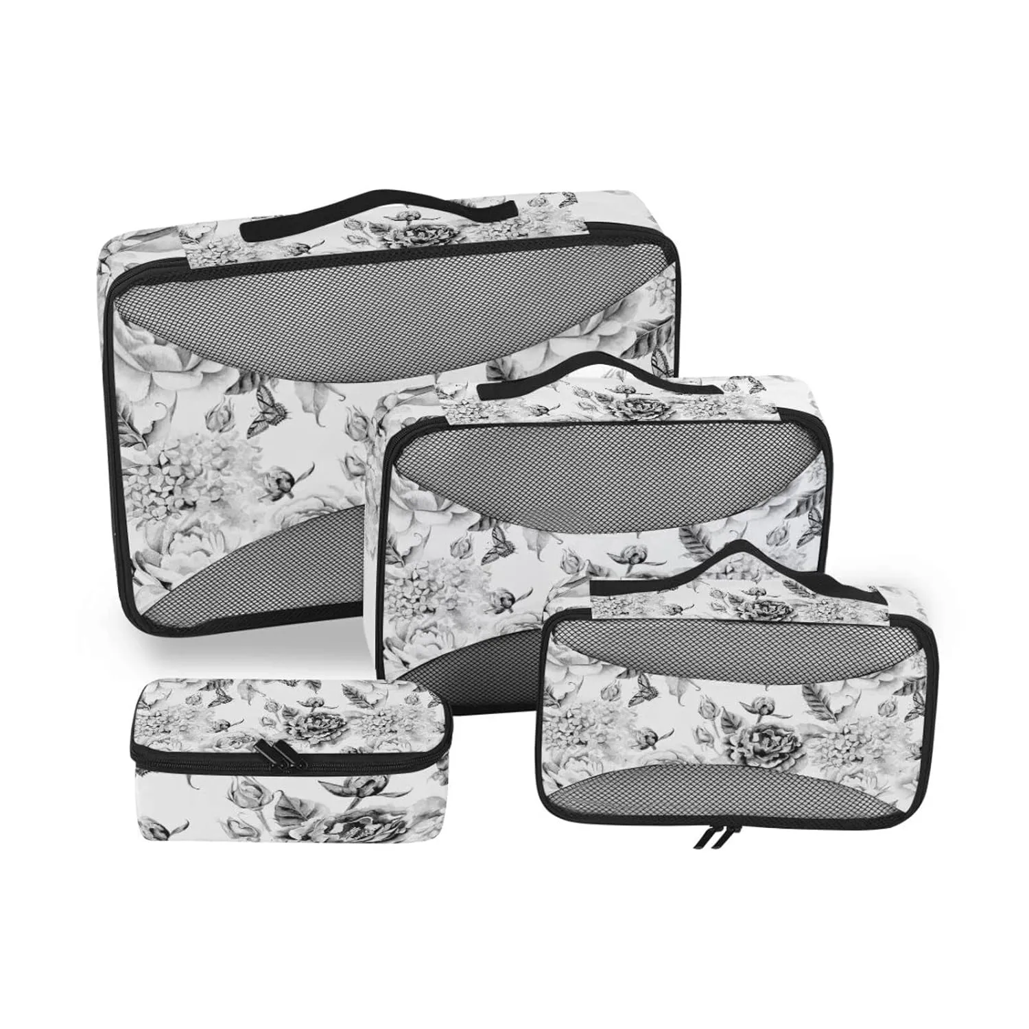 Black White Flowers with Leaves, Hydrangeas, Peonies, Buds and Petals 4 Set Packing Cubes, Travel Packing Organizers, 600D Oxford Cloth Toiletry Storage Bag, Luggage Mesh Bags for Accessories