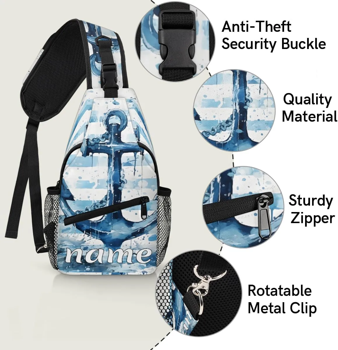 Blue Anchor Custom Sling Backpack Personalized Crossbody Bags for Women Men Chest Bag for Travel Hiking Sports