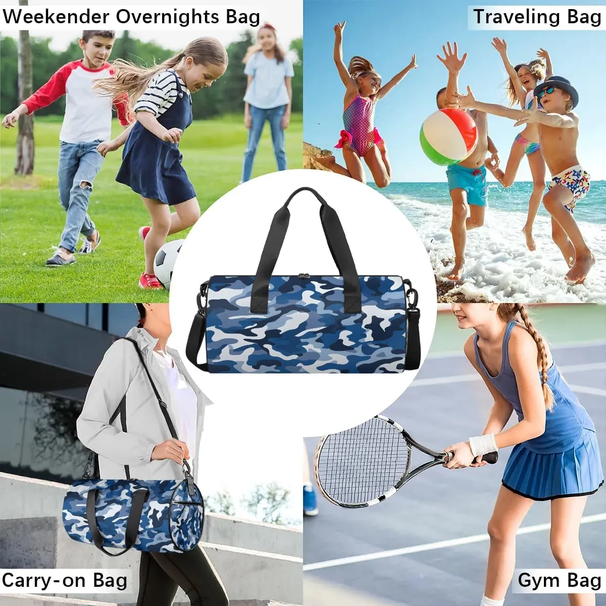 Blue Camo Gym Bag for Women Men Lightweight Weekender Travel Bag Stylish Duffle Bag for Gym Travel Overnight Carry On
