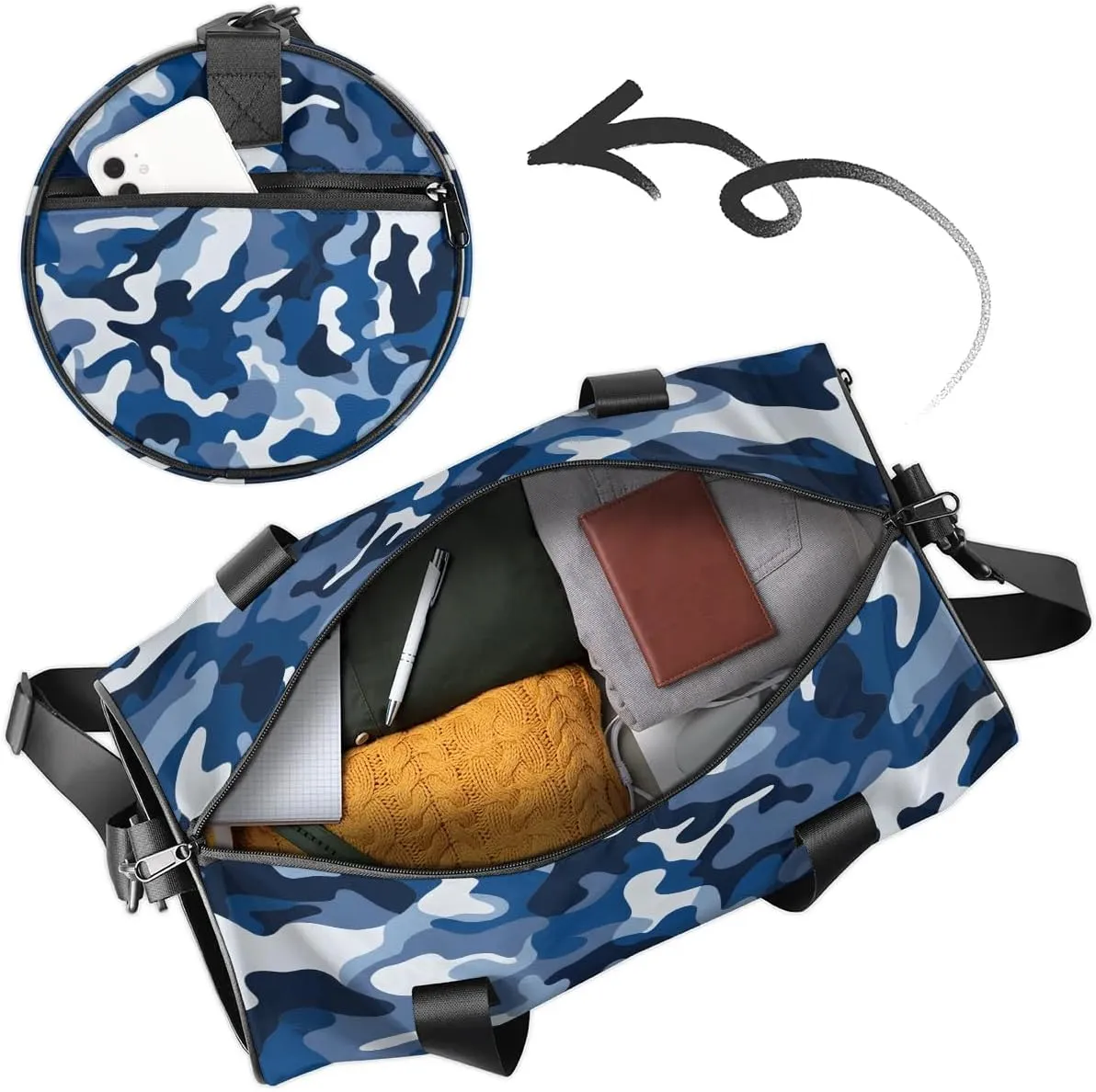 Blue Camo Gym Bag for Women Men Lightweight Weekender Travel Bag Stylish Duffle Bag for Gym Travel Overnight Carry On