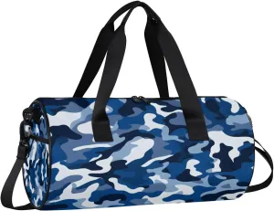 Blue Camo Gym Bag for Women Men Lightweight Weekender Travel Bag Stylish Duffle Bag for Gym Travel Overnight Carry On