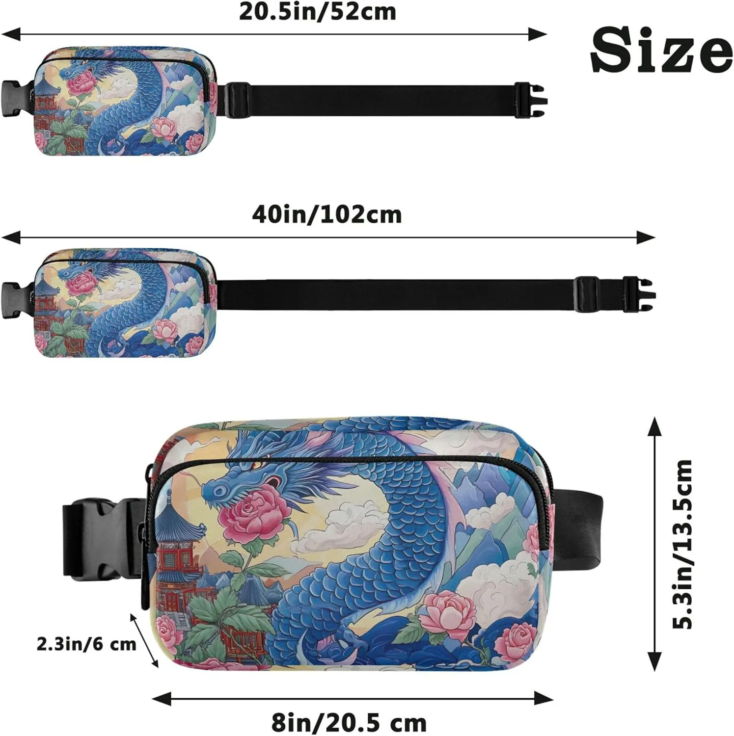 Blue Dragon Asian Floral Waterproof Fanny Packs for Women Belt Bag Hip Pouch Designer Travel Waist Pouch