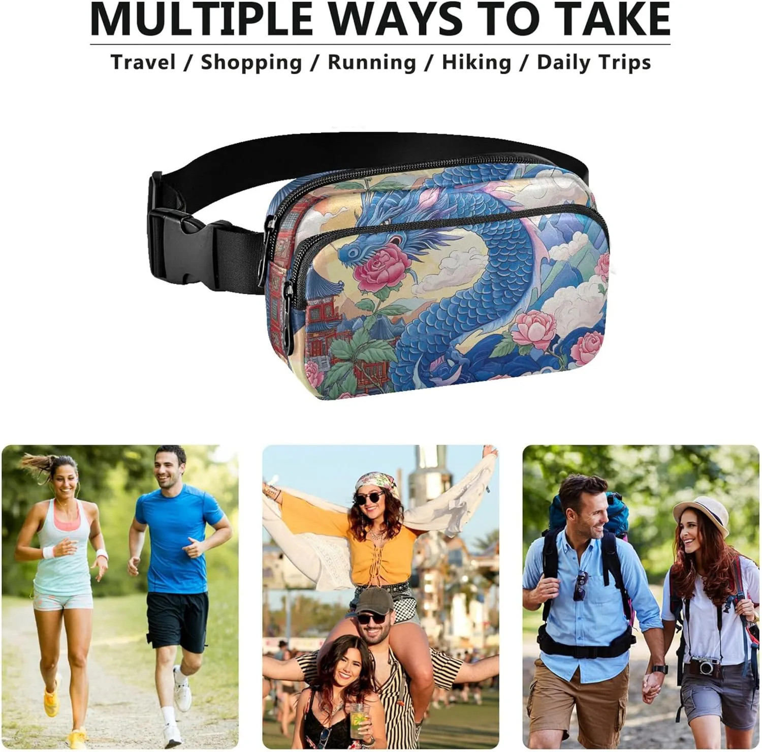Blue Dragon Asian Floral Waterproof Fanny Packs for Women Belt Bag Hip Pouch Designer Travel Waist Pouch