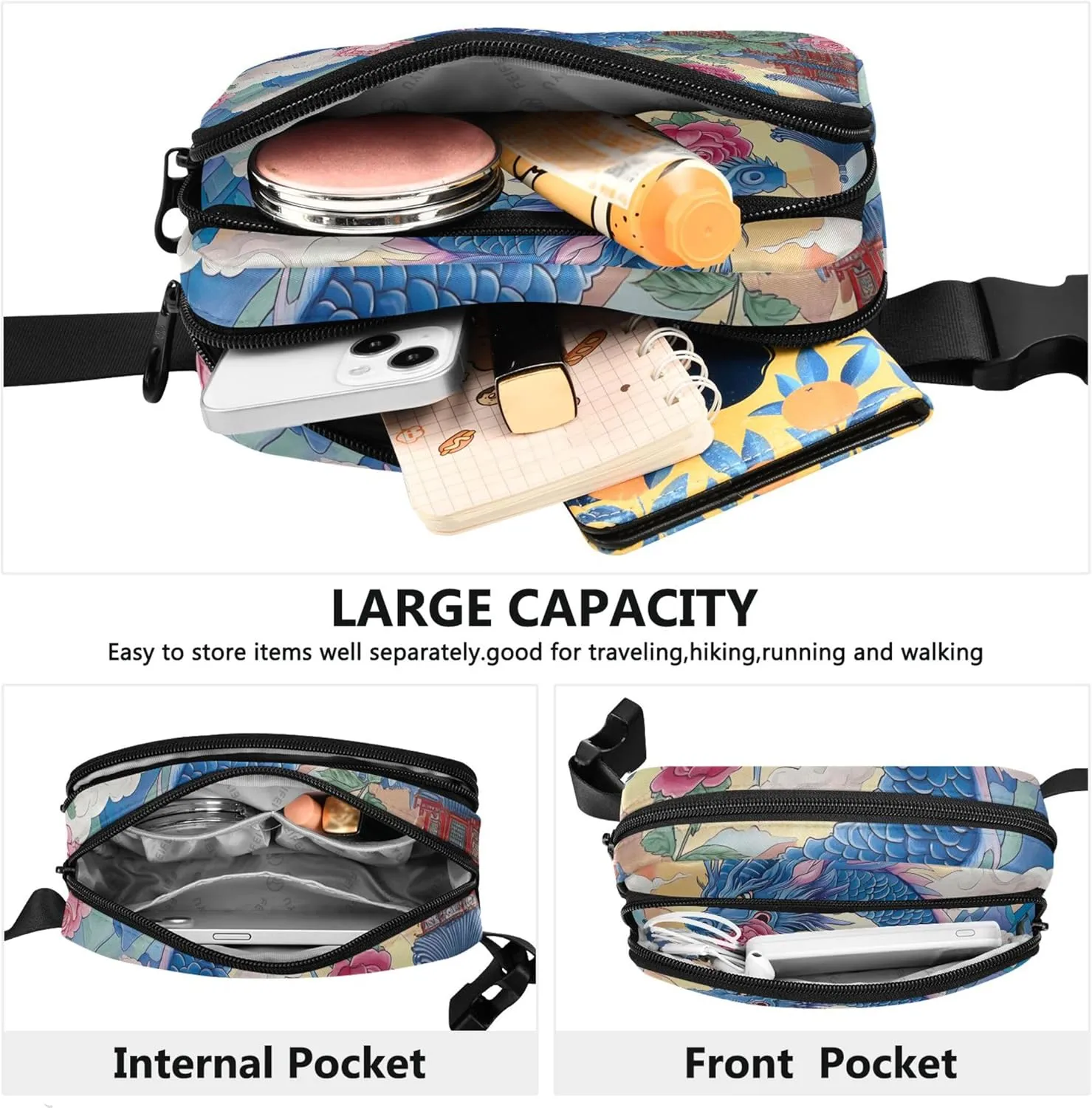 Blue Dragon Asian Floral Waterproof Fanny Packs for Women Belt Bag Hip Pouch Designer Travel Waist Pouch