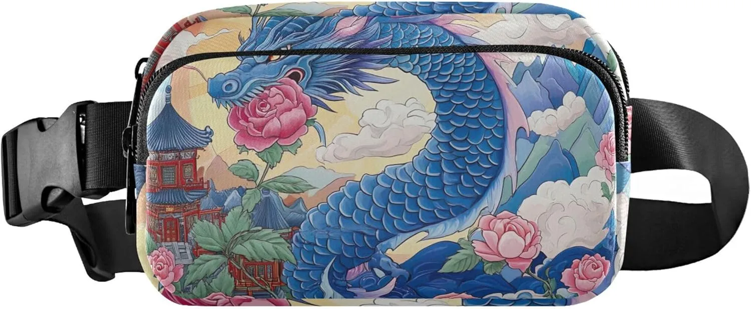 Blue Dragon Asian Floral Waterproof Fanny Packs for Women Belt Bag Hip Pouch Designer Travel Waist Pouch