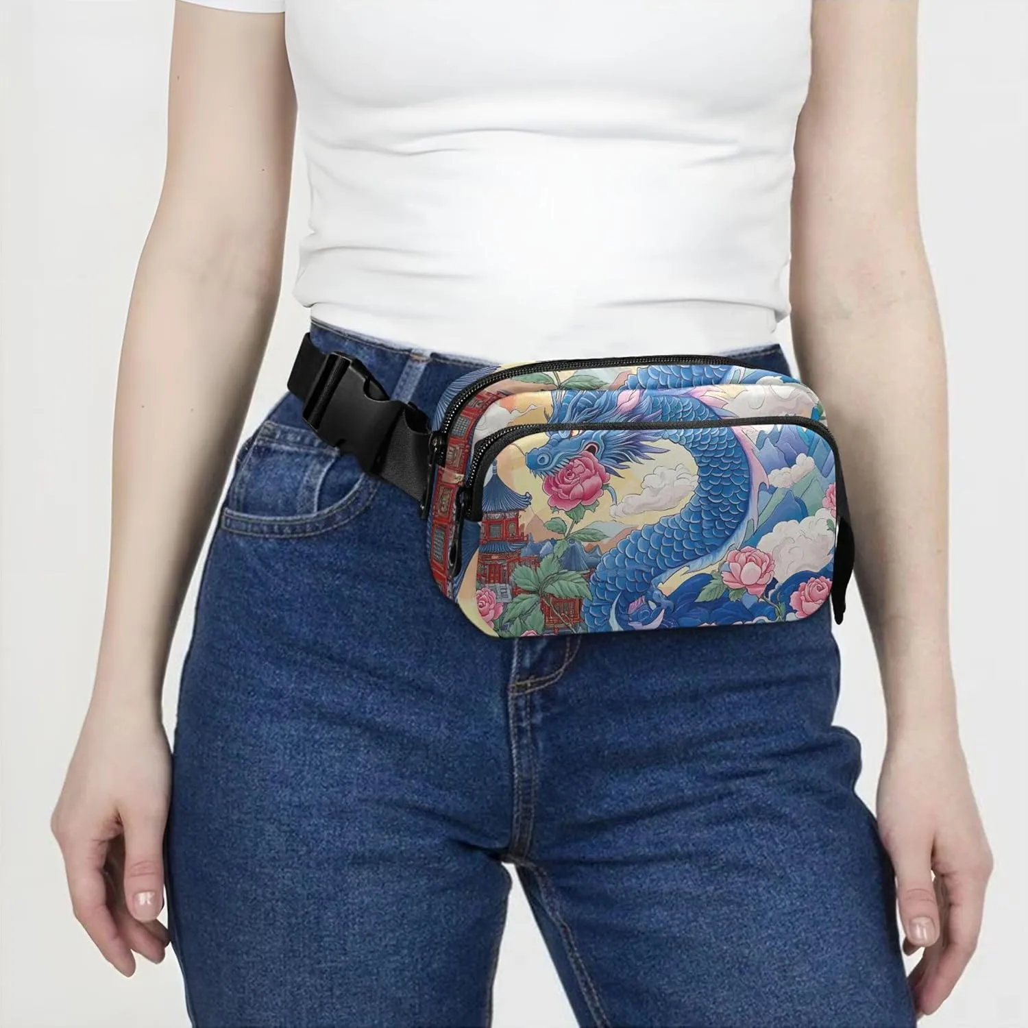 Blue Dragon Asian Floral Waterproof Fanny Packs for Women Belt Bag Hip Pouch Designer Travel Waist Pouch