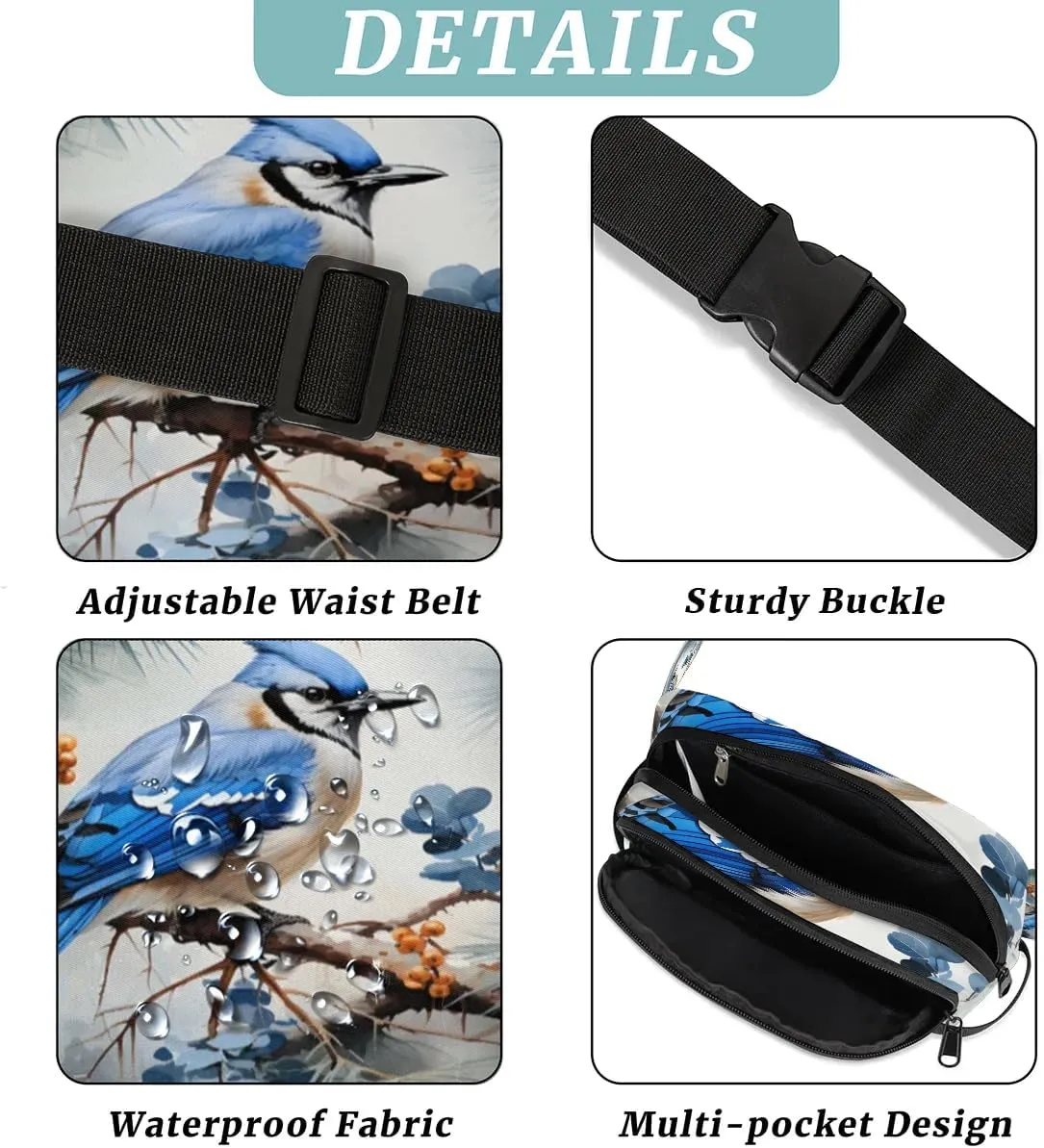Blue Leaf Bird Men's and Women's Waist Pack Crossbody Dinosaur Bird Waist Pack Running Strap, Adjustable Shoulder Strap - For Hiking and Running Exercise Fitness