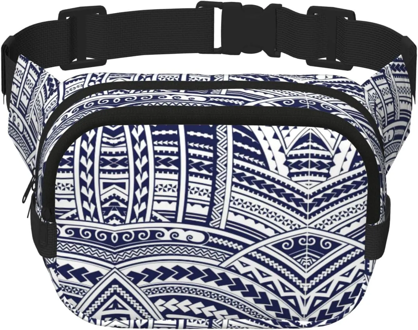 Blue Polynesian Maori Tribal Pattern Print Fashion Waist Packs Square Layer Waist Bag Black Belt Bag with Adjustable Strap
