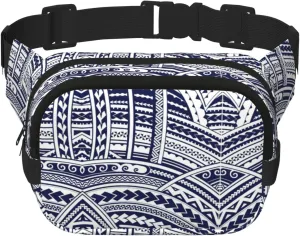 Blue Polynesian Maori Tribal Pattern Print Fashion Waist Packs Square Layer Waist Bag Black Belt Bag with Adjustable Strap