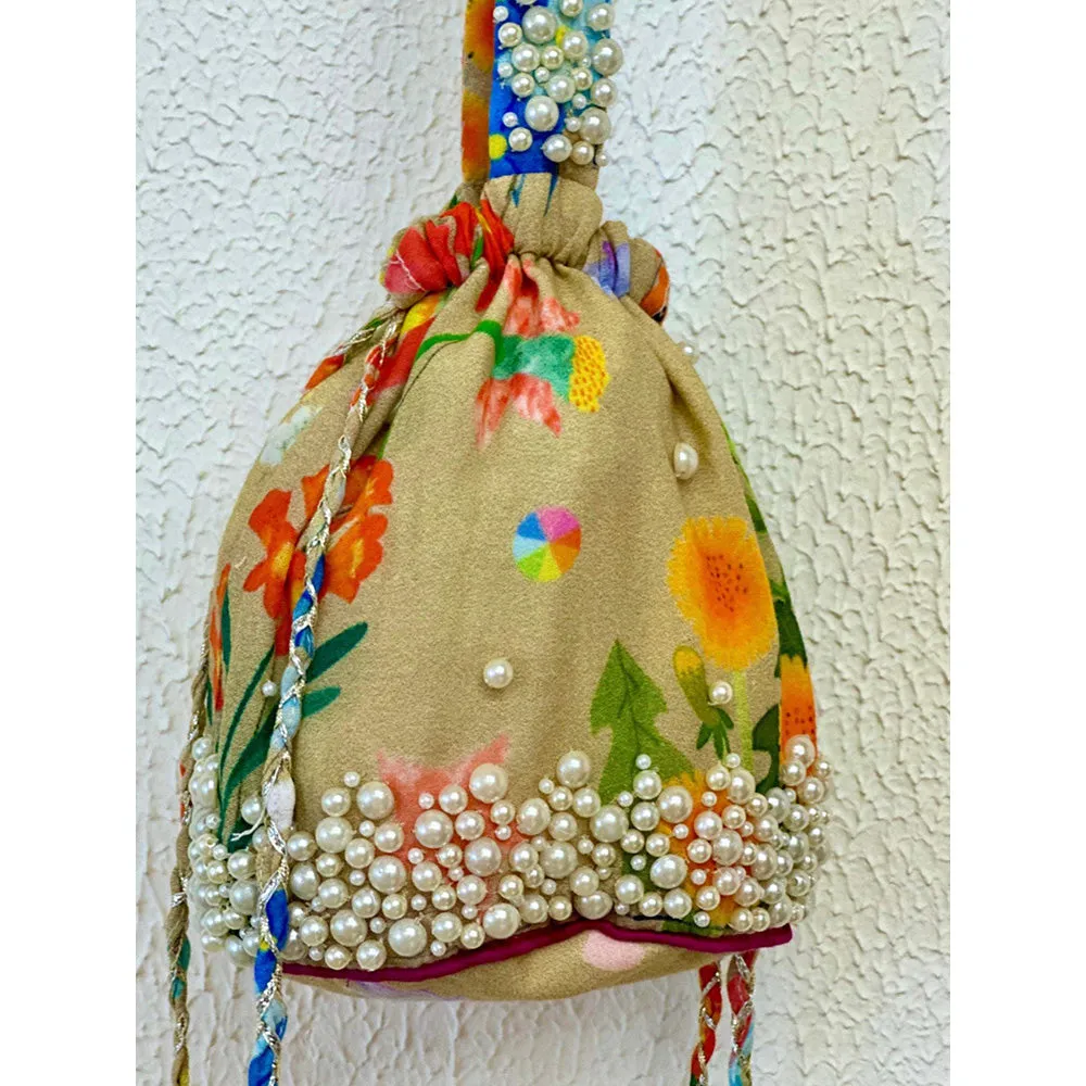Blushing Couture by Shafali Beige Printed Potli Bag