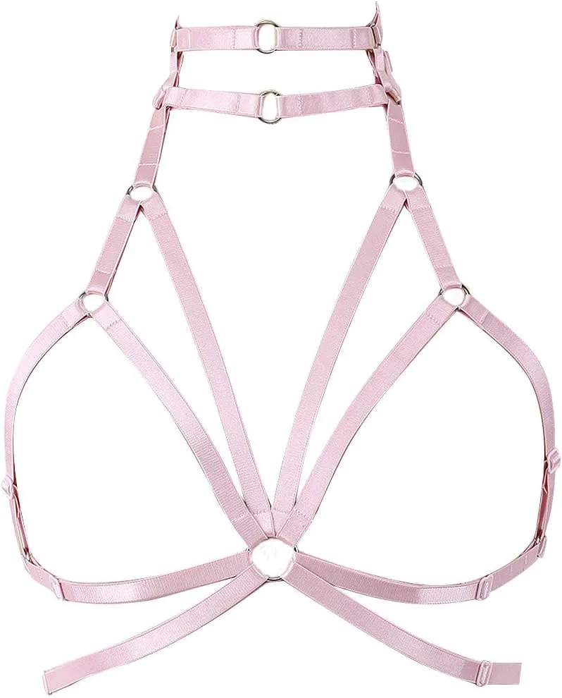 Body Harness for Women Bra Goth Stretchy Fabric Halloween Plus Size Punk Chest Strap Belt Festival Rave Lingerie cage (Pink)