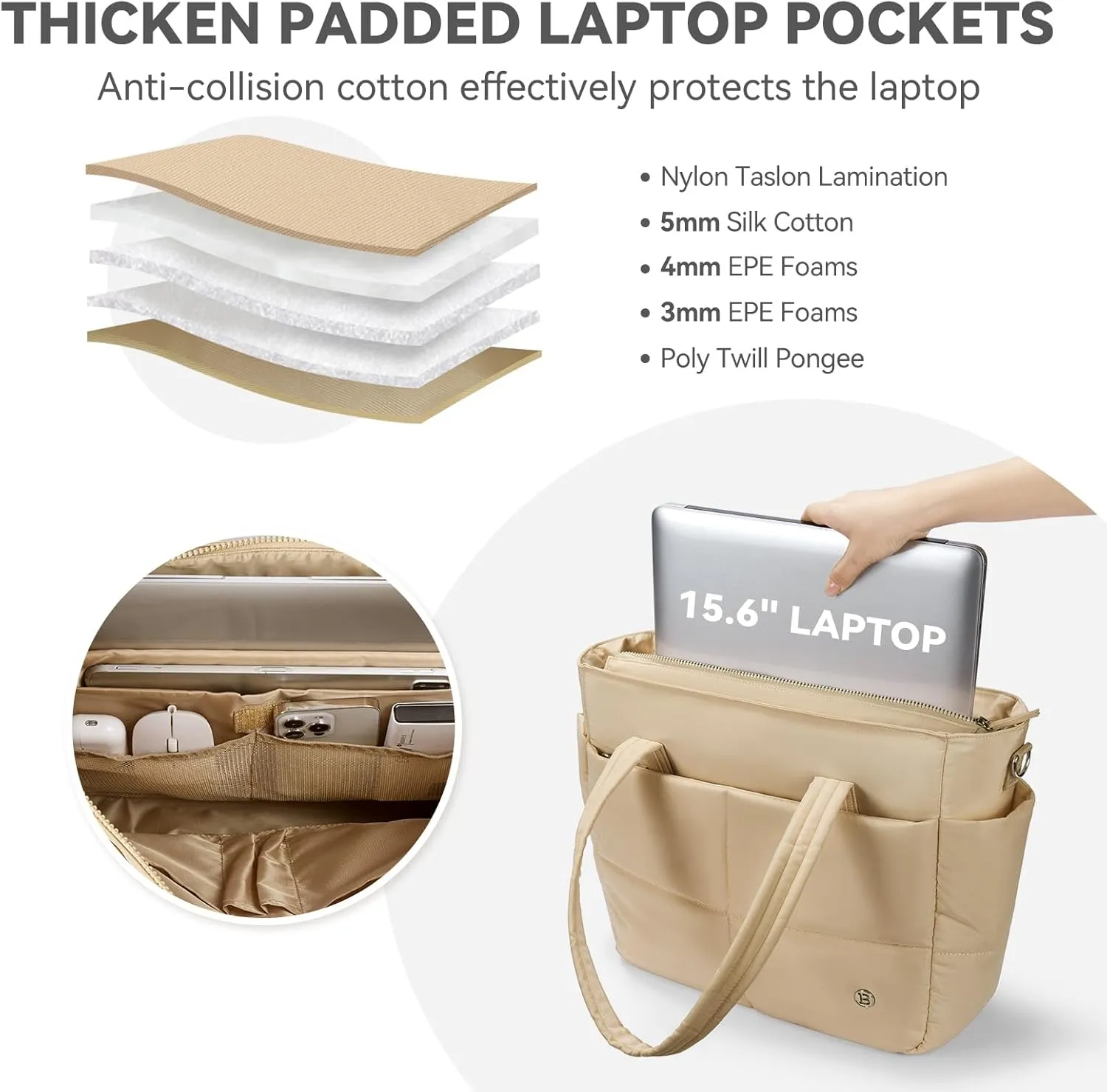 BOSTANTEN Puffer Tote Bag for Women Travel Tote Bag with Trolley Sleeve Lightweight Quilted Laptop Nurse Bag with Zipper