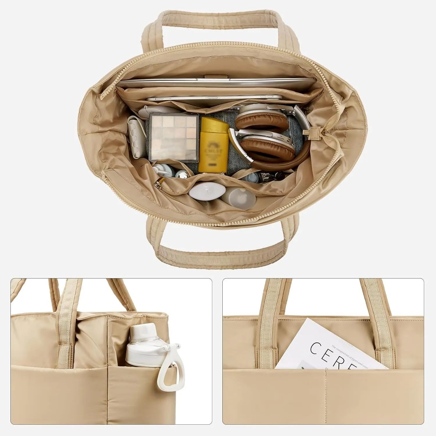 BOSTANTEN Puffer Tote Bag for Women Travel Tote Bag with Trolley Sleeve Lightweight Quilted Laptop Nurse Bag with Zipper