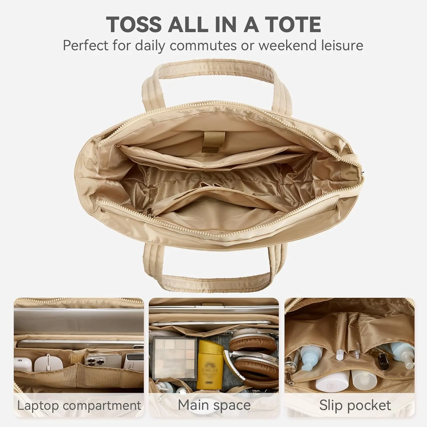 BOSTANTEN Puffer Tote Bag for Women Travel Tote Bag with Trolley Sleeve Lightweight Quilted Laptop Nurse Bag with Zipper