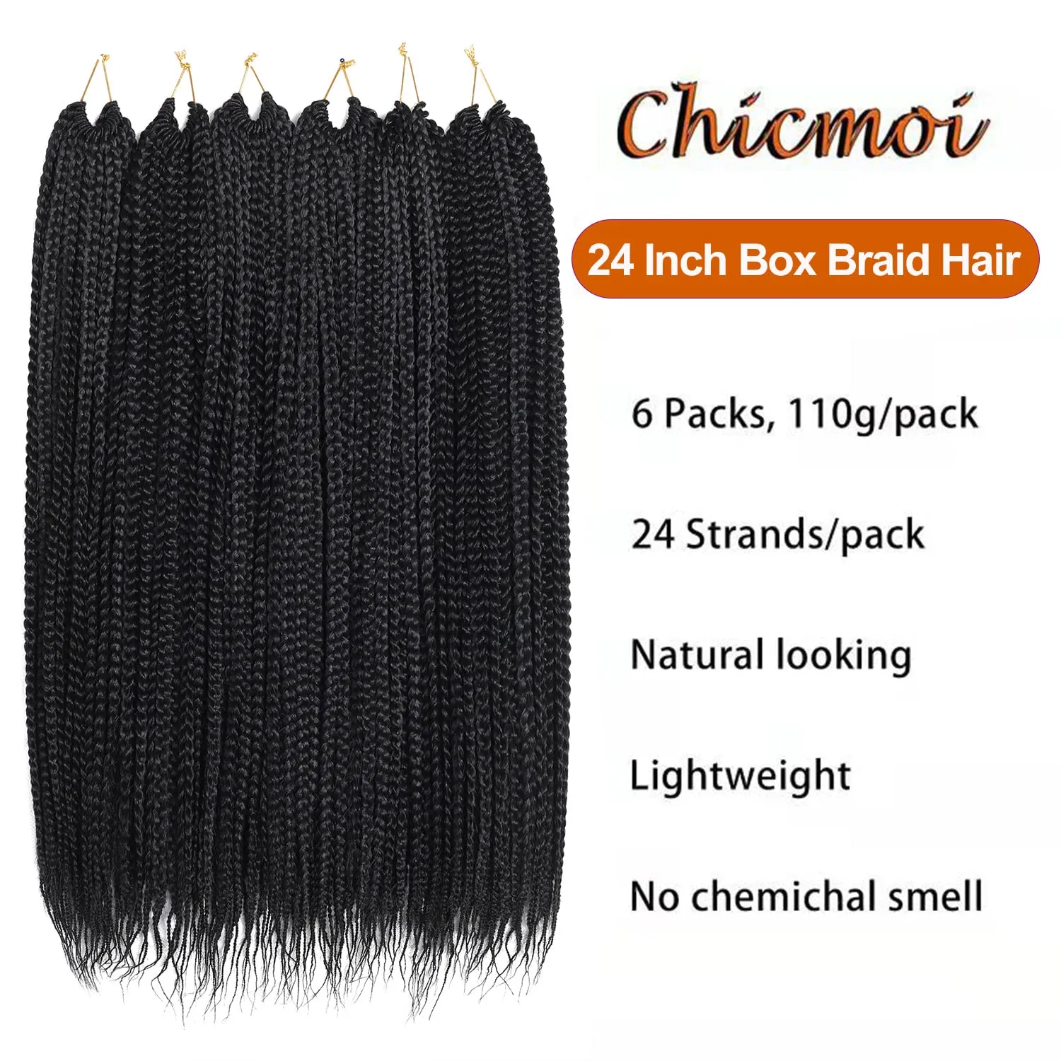 Box Braid Crochet Hair 24 Inch Crochet Braids 144 Strands Crochet Box Braids Pre Looped Crochet Hair Extension for Black Women Knotless Black Color Chicmoi (1B, 24 inch box braids 6 pack)