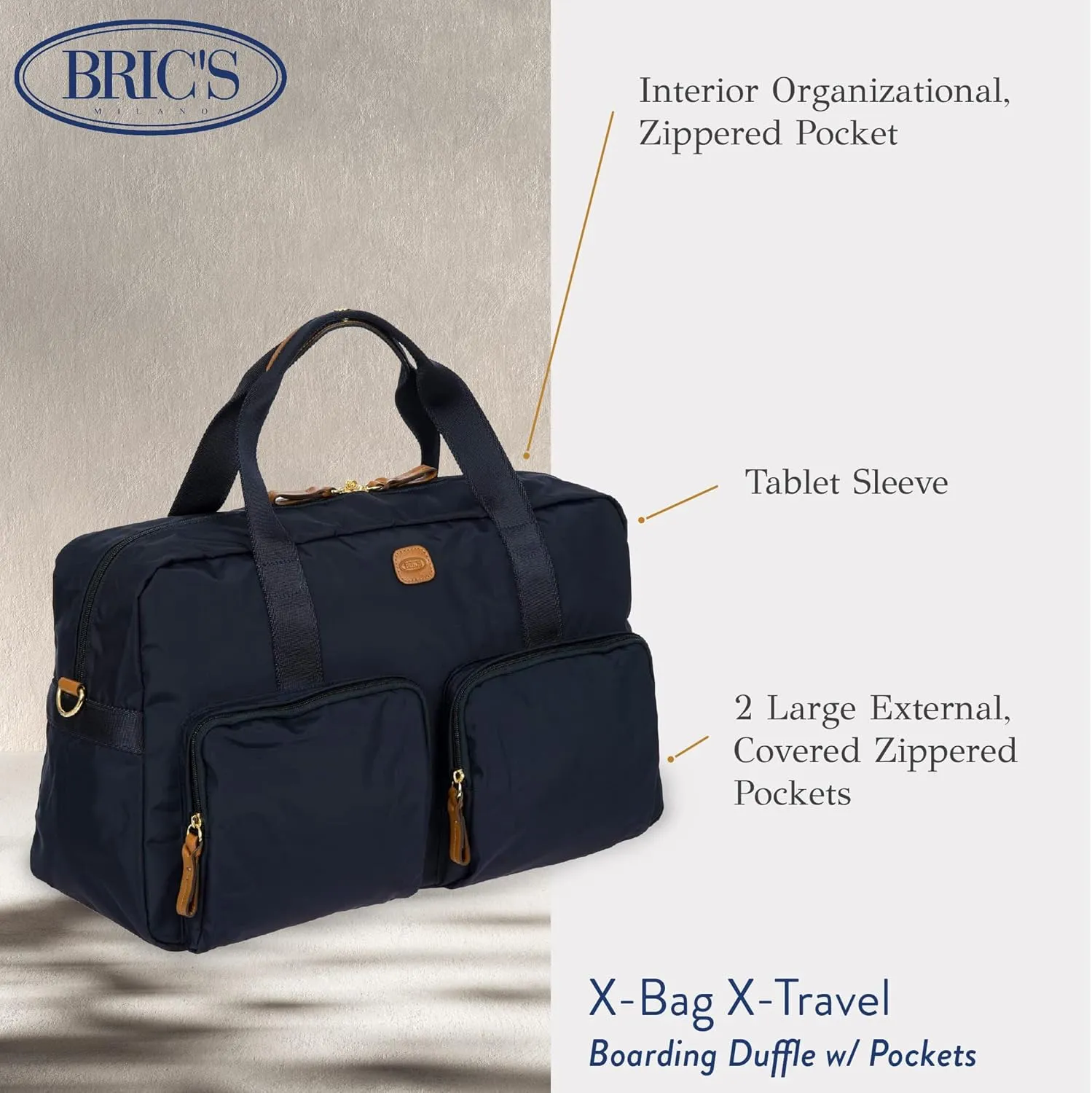 Bric's X-BAG 18-Inch Cargo Duffle Bag - Luxury Travel Bag with Luggage Sleeve - Carry On Bag and Weekender Bag Made from Durable Satin Nylon - Navy