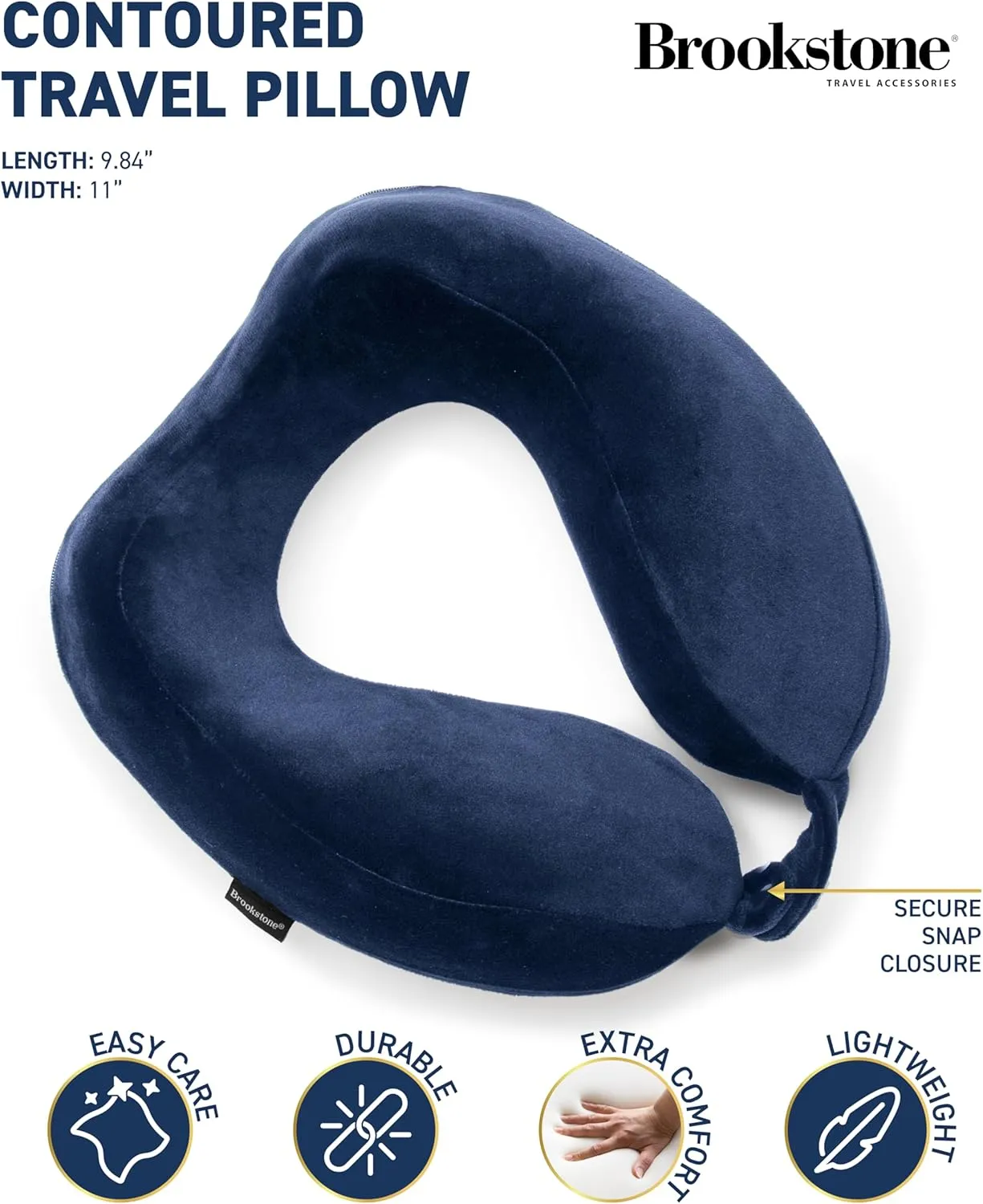 Brookstone Travel Neck Pillow - Lightweight Comfortable Contoured Head and Neck Support Memory Foam - U-Shaped Neck Pillow for Traveling, Blue