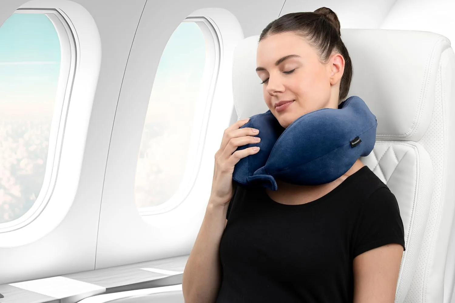 Brookstone Travel Neck Pillow - Lightweight Comfortable Contoured Head and Neck Support Memory Foam - U-Shaped Neck Pillow for Traveling, Blue