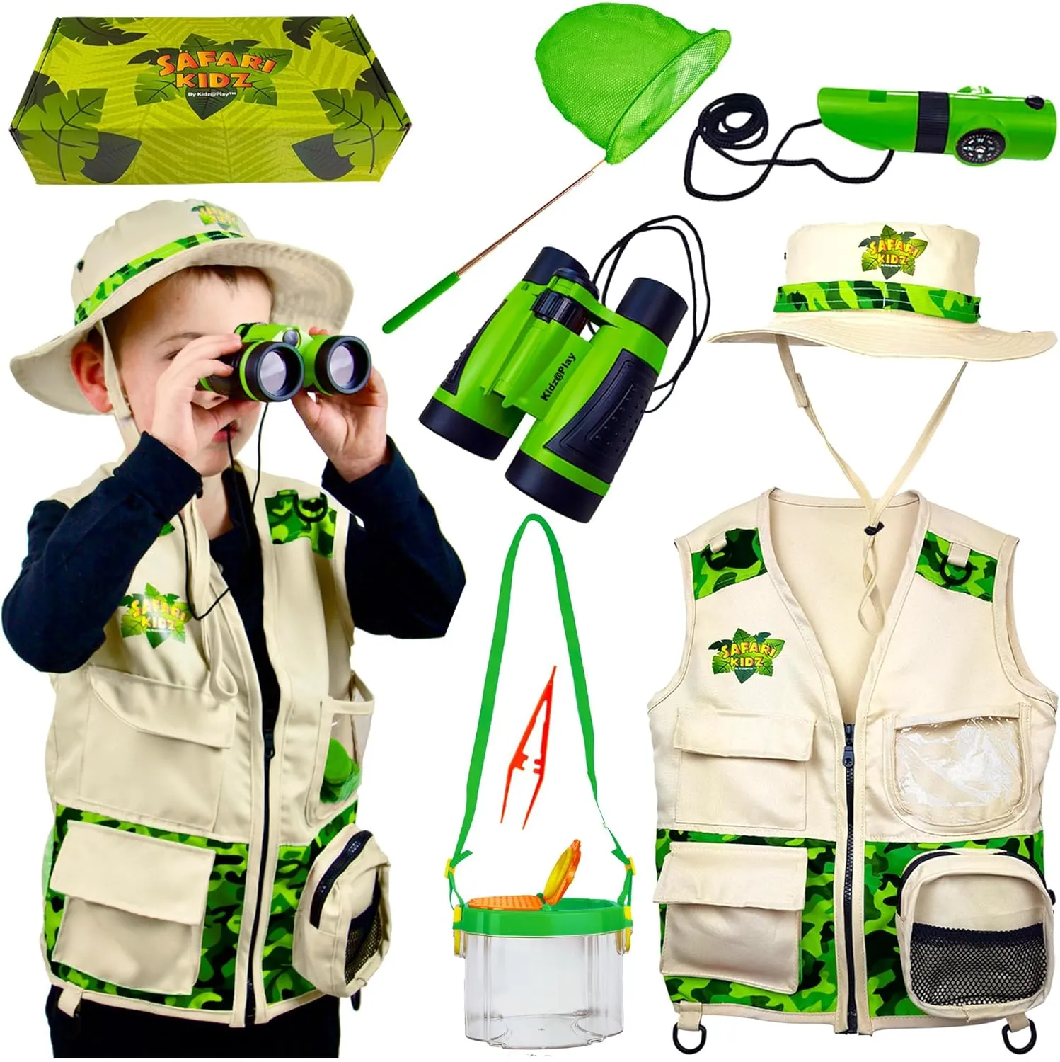 Bug Hunting Kit, Vest, Hat, Binoculars, Lg. Net, Bug Container, Whistle, Flashlight, Magnifier, Thermostat, Compass (Green)