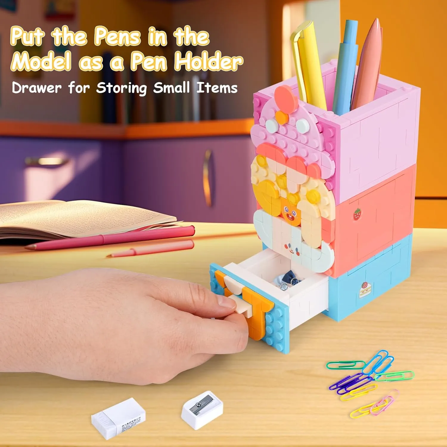 Building Blocks Set,3 in 1 Pen Holder Bricks Toy,Creative Building Blocks Model Gift for Kids and Adults