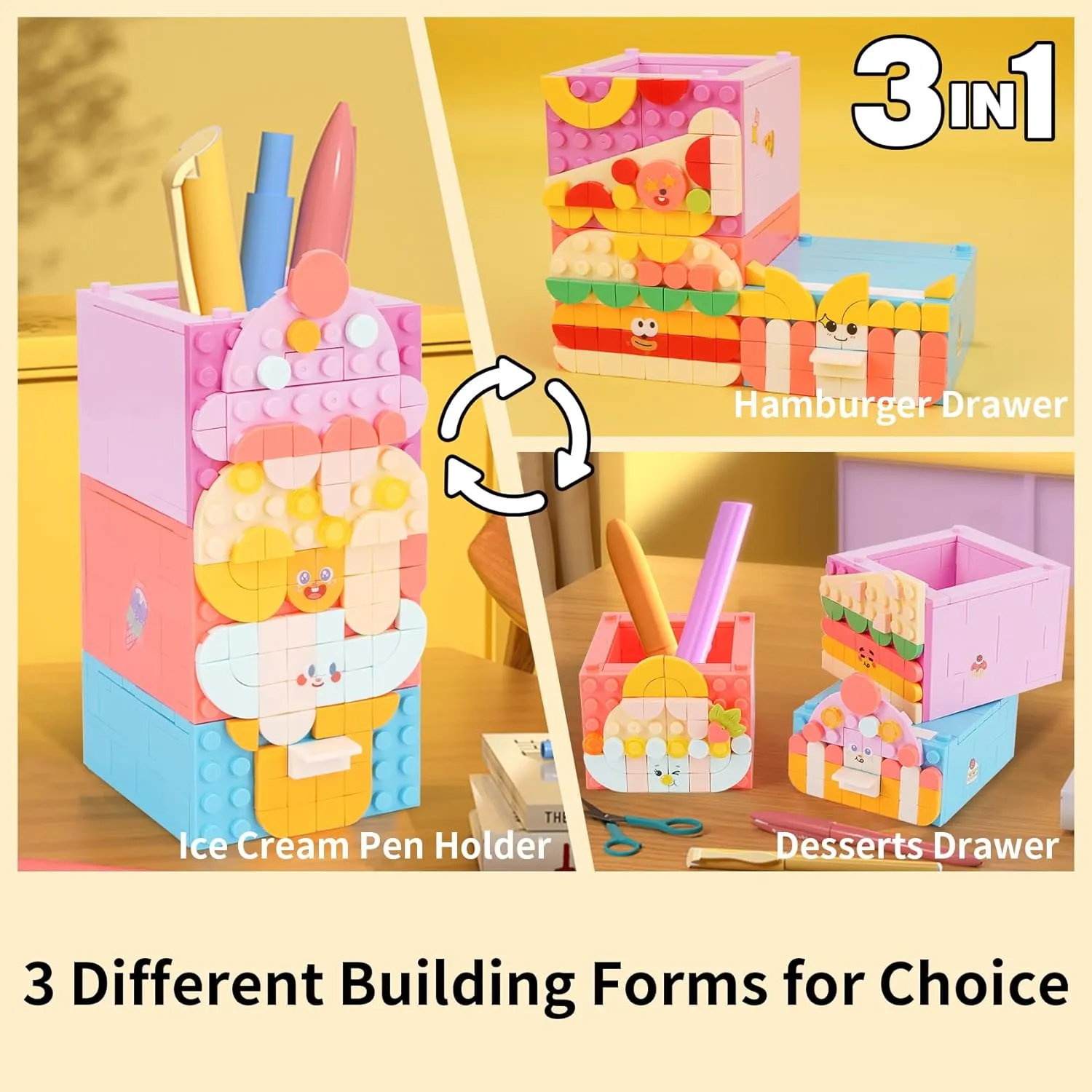 Building Blocks Set,3 in 1 Pen Holder Bricks Toy,Creative Building Blocks Model Gift for Kids and Adults
