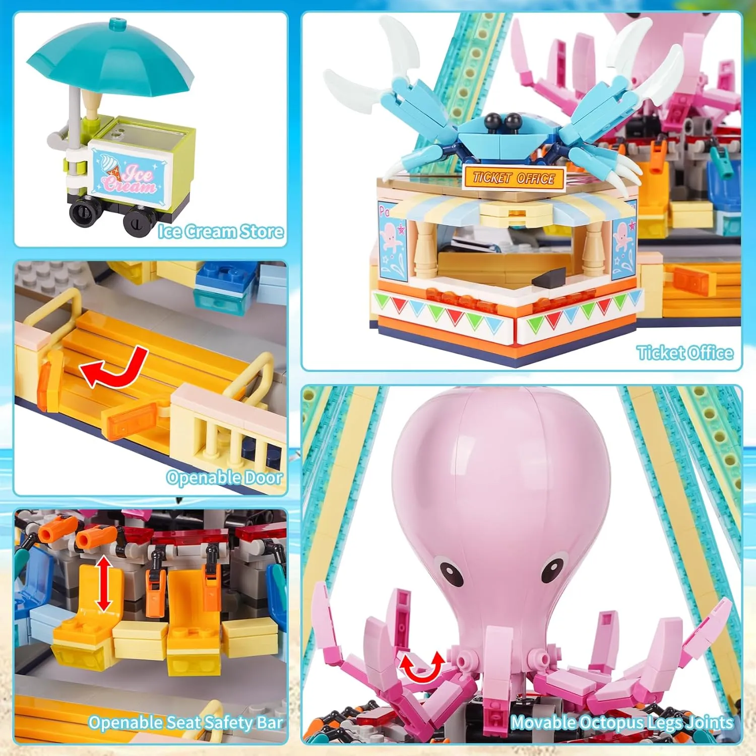 Building Blocks Set,Octopus Swing Amusement Park Building Blocks Toy,Bricks Toy Model Gift for Kids and Adults(1189PCS)